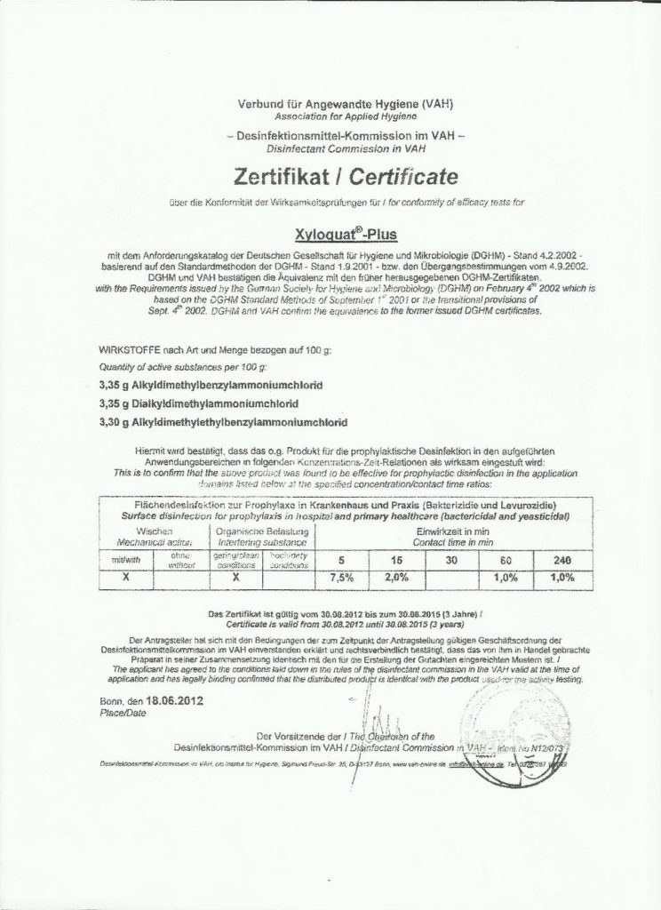 Zertifikat Krankenhausdesinfektion