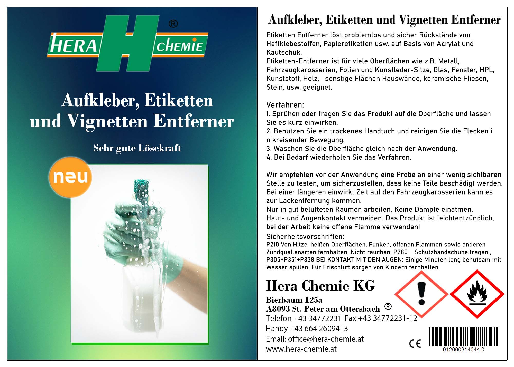 Aufkleber, Etiketten und Vignetten Entferner - Hera Chemie